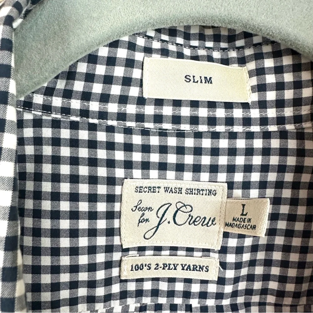 J Crew Men's Secret Wash Slim Fit Navy Blue Gingham Shirt Large Check Oxford